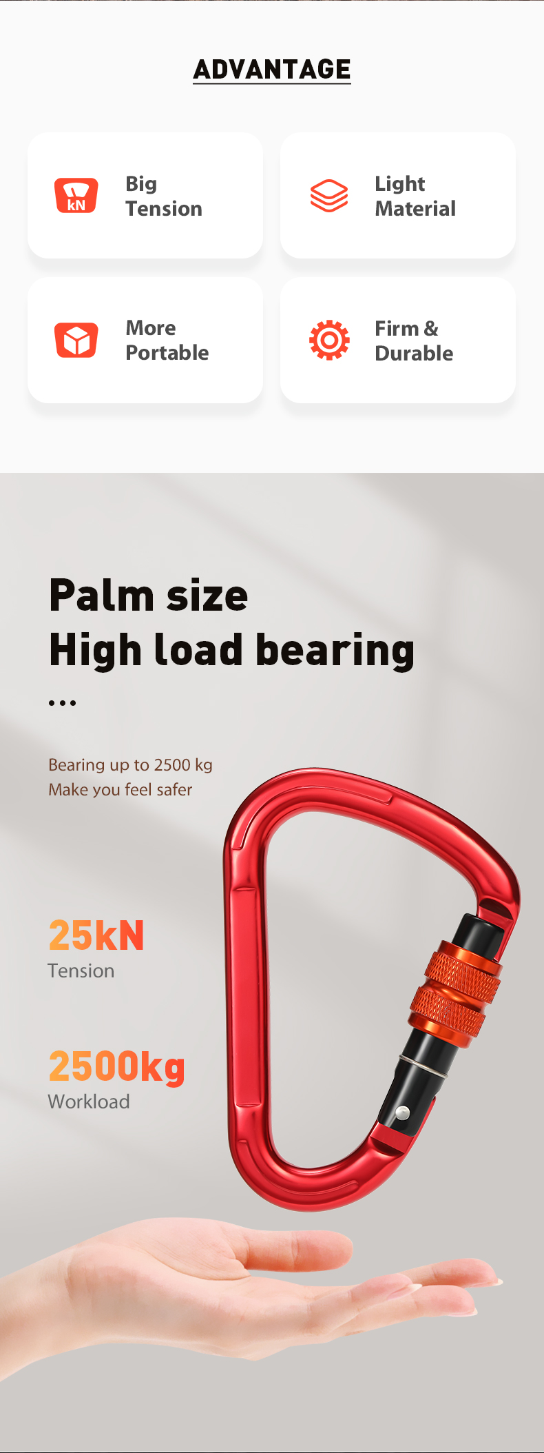 D-shaped 25KN climbing main lock