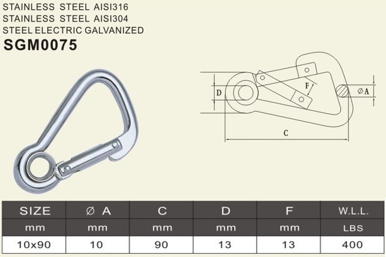 oblique angle snap hook with eyelet and rivets at both end