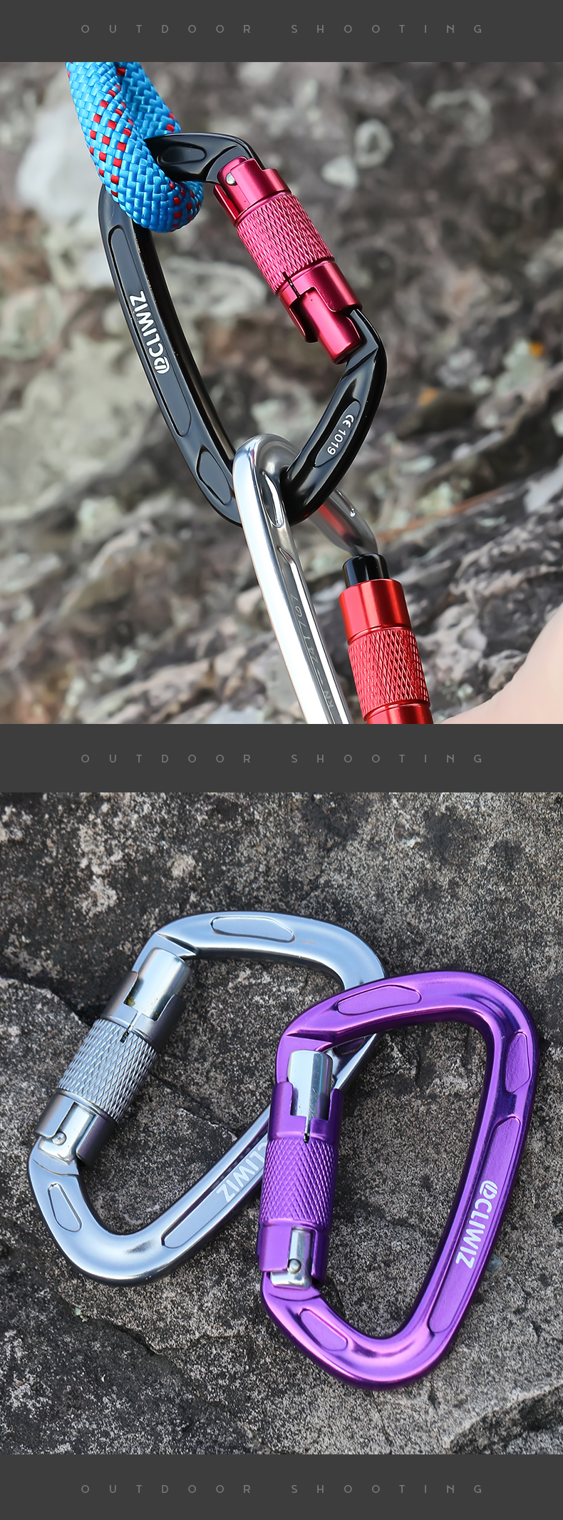 Mountaineering Buckle Outdoor Mountaineering Climbing Equipment Wear resistant D-type Automatic Lock Safety Hook Aluminum Alloy Automatic 2-Stage Main Lock