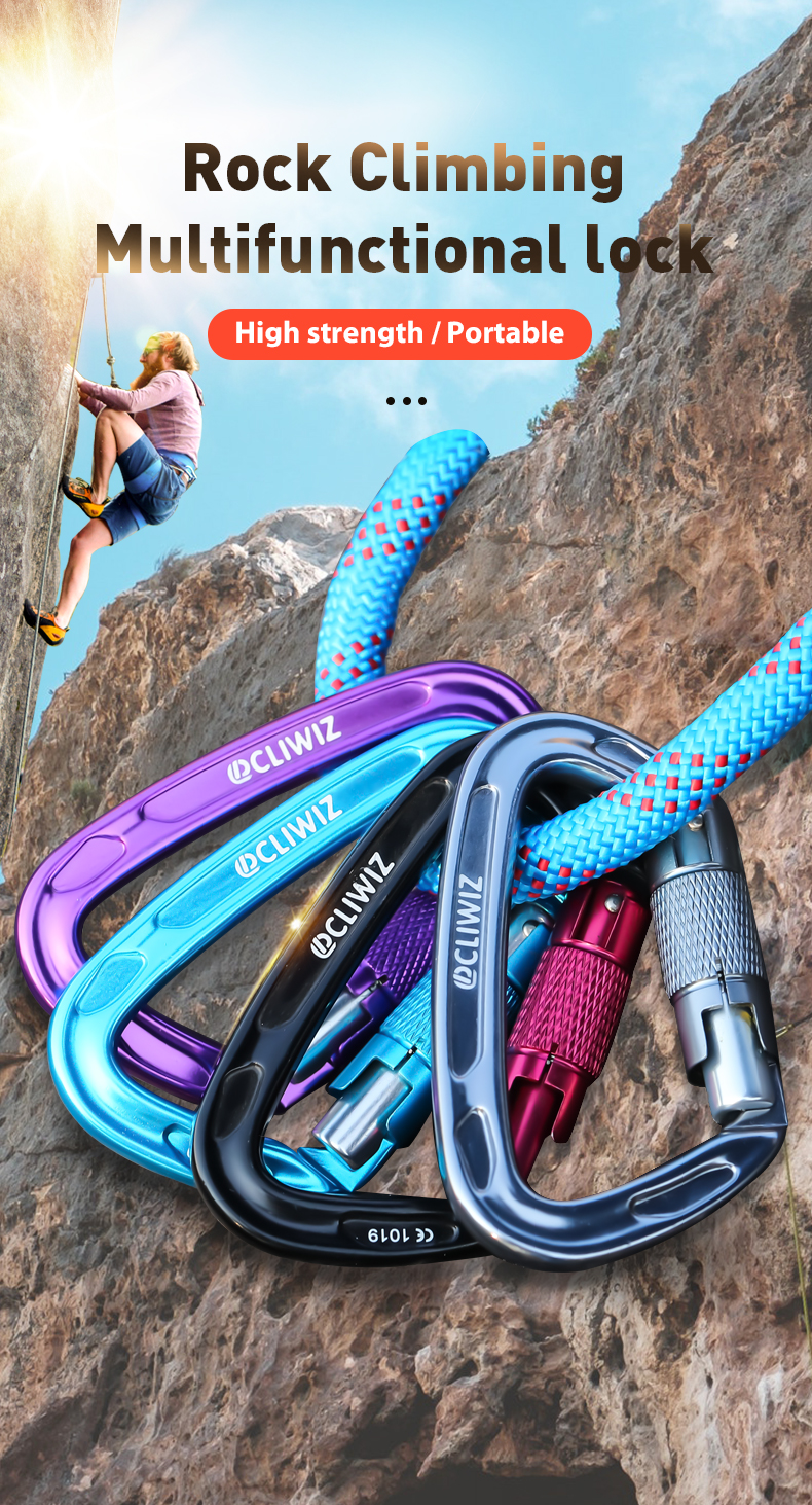 Mountaineering Buckle Outdoor Mountaineering Climbing Equipment Wear resistant D-type Automatic Lock Safety Hook Aluminum Alloy Automatic 2-Stage Main Lock